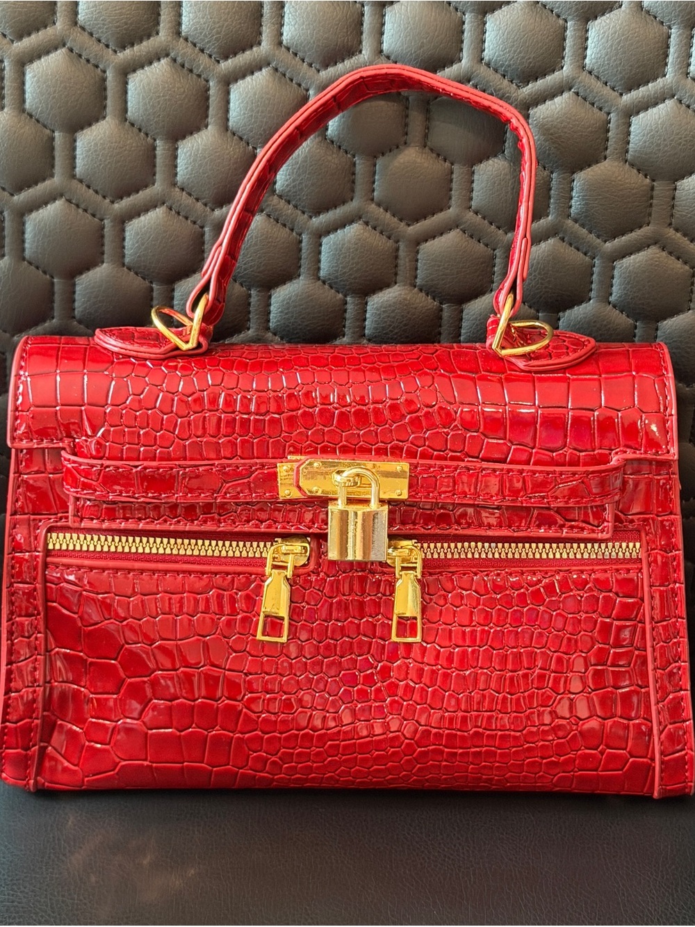 Red Croc-Embossed Top-Handle Bag with Gold Hardware